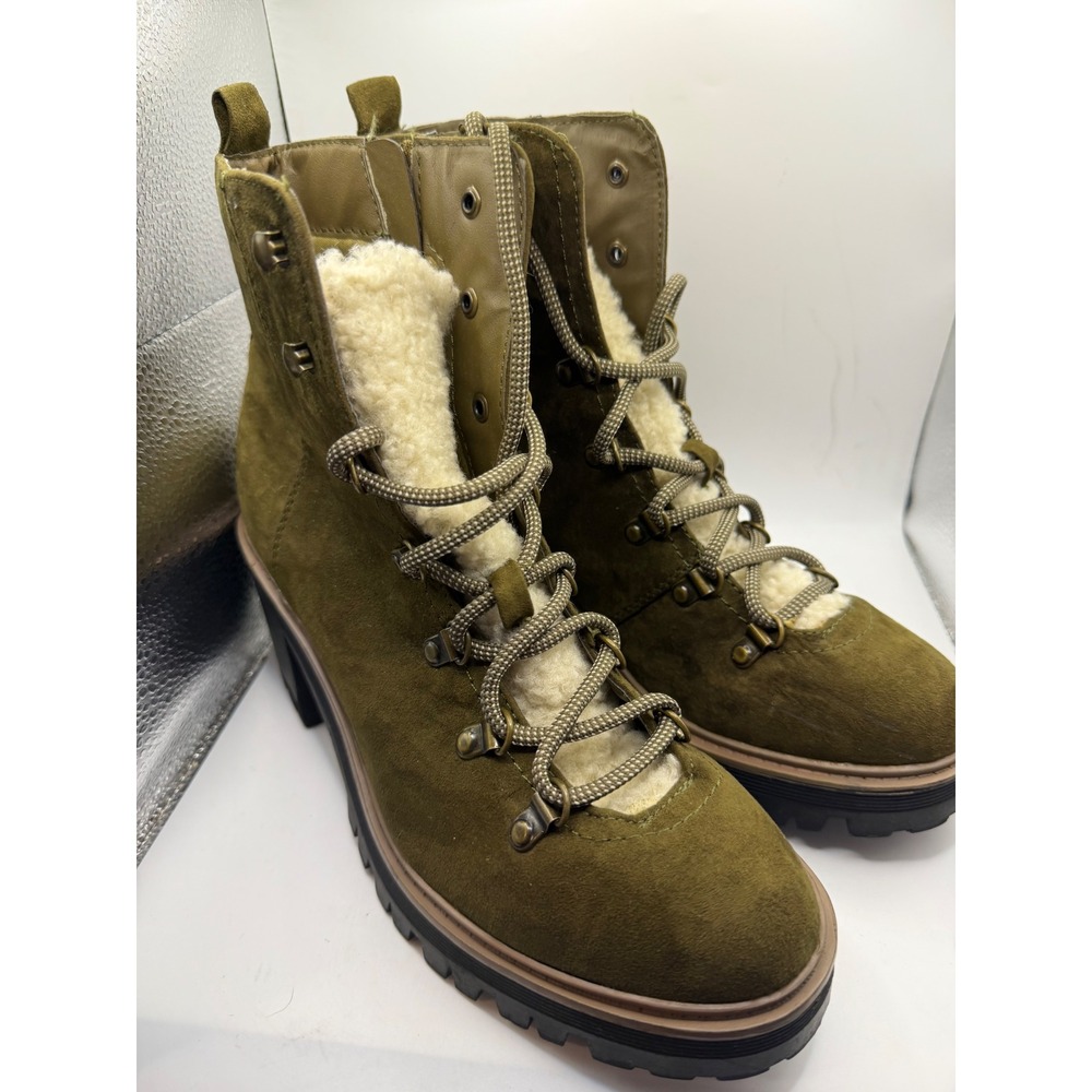Esprit Flynn Olive Green Faux Suede Faux Fur Lined Lace Up Heeled Boots 8.5M